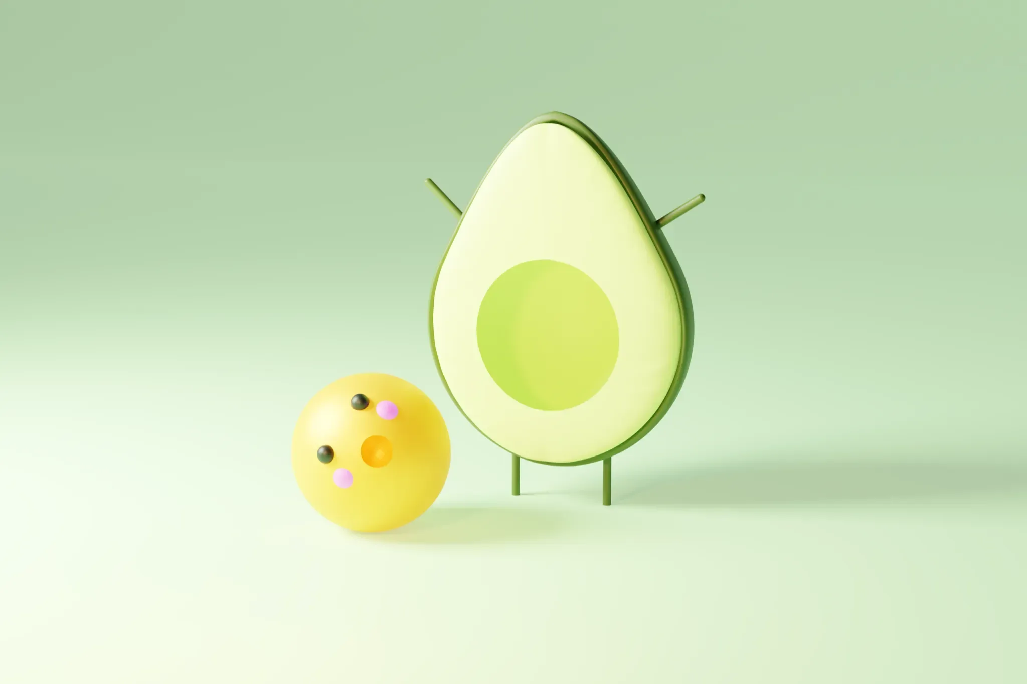 Shot — A halved avocado on legs beside a small yellow character